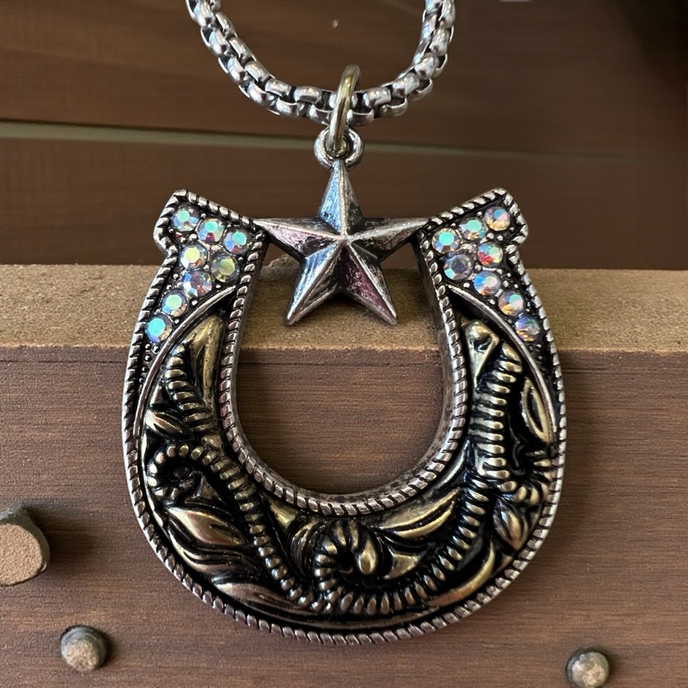 Silver and Gold Toned Horseshoe Necklace with Star Accent on a 24” chain - Picture 10 of 17